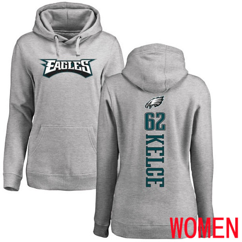 Women Philadelphia Eagles #62 Jason Kelce Ash Backer NFL Pullover Hoodie Sweatshirts